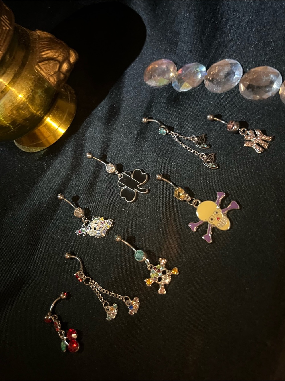 8 Piece Multicolor Dangle Belly Button Ring Set - Cute Skull & Charm Designs